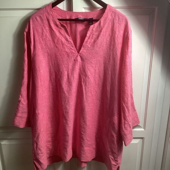 Lands End Linen Blend Top Tunic Sz 1X 3/4 Sleeve Pockets Notch Neck Red - Picture 3 of 11